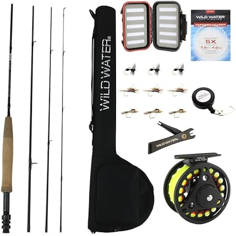 Wild Water Standard Fly Fishing Combo Starter Kit, 3 or 4 Weight 7 Foot Fly Rod, 4-Piece Graphite Rod with Cork Handle, Accessories, Die Cast Aluminum Reel, Carrying Case, Fly Box Case & Fishing Flies Cover