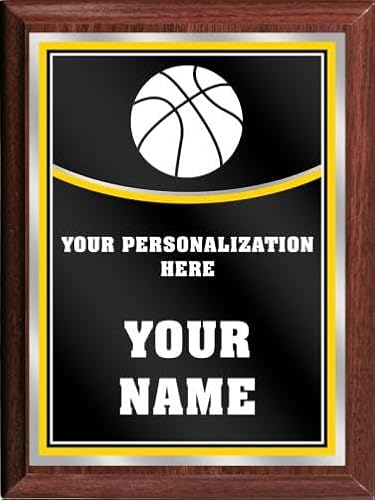 Crown Awards Basketball in Net Personalized Plaque Award, 6x8 Color Printed Metal Plate with Custom Engraving, Black with Gold Plaque On Wood Finish Prime