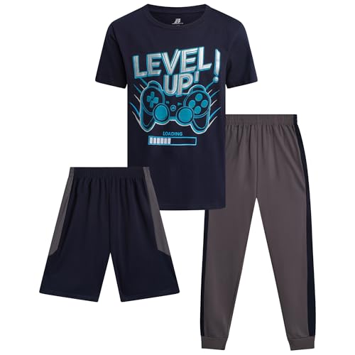 Image of Pro Athlete Boys Pants Set - 3 Piece Active Short Sleeve Graphic Tees Athletic Shorts and Jogger Sweatpants for Boys