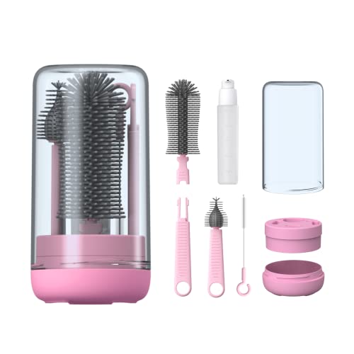 Image of YOTIME Baby Bottle Brush, Travel Bottle Cleaner Kit with Extendable Silicone Bottle Brush, Nipple Cleaner Brush, Straw Brush, Soap Dispenser, Dust Cap and Stand, Pink