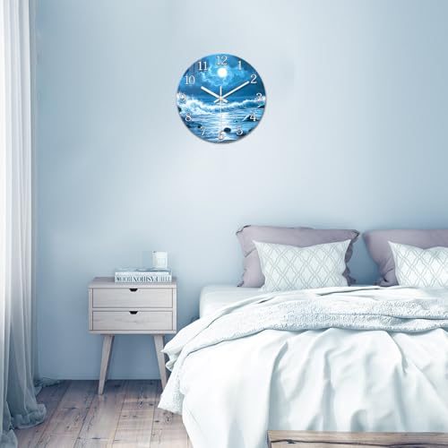 Image of XFM Blue Moon Wall Clock Battery Operated 14 Inch Silent | Non Ticking Ocean Wave Round Modern Glass Nature Decorative for Kitchen Bedroom Bathroom Decor
