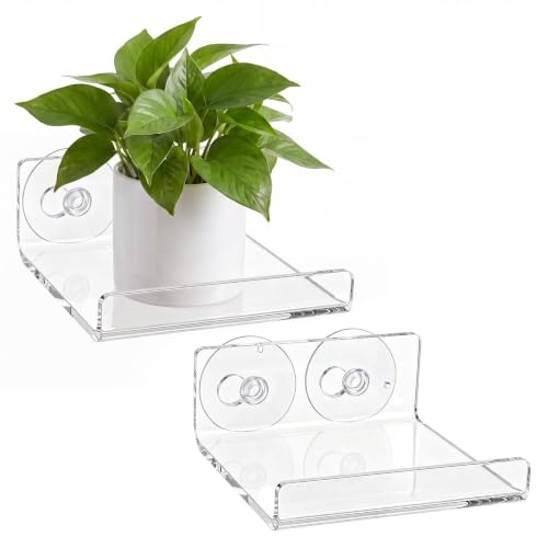 OBreezify 2 Pcs 5"x5" Small Window Plant Floating Shelves Suction Cup Clear Acrylic Floating Window Sill Extender Ledge Plant Holder Shelf for Indoor Kitchen Herb Pot Micro Greens Apartment Succulent
