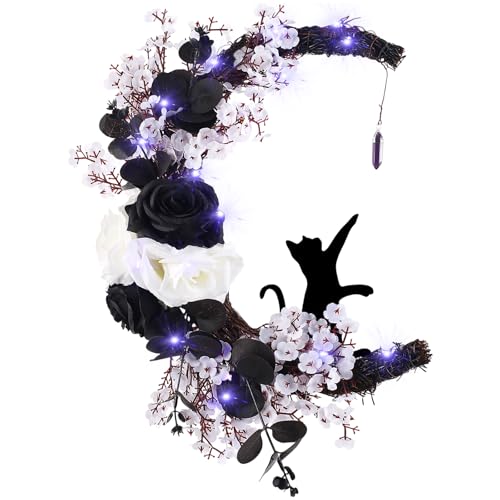 Halloween Wreaths for Front Door with Lights, Moon Black Cat