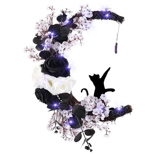 19+ Elegant Halloween Décor Ideas for a Spooky Chic Celebration 5 2025 Halloween Wreaths for Front Door Lighted Black Halloween Wreath with Rose White Flower Cat Halloweens Grapevine Door Wreath Horror Door Decorations for Home Indoor Outdoor Party Decor (Moon A)