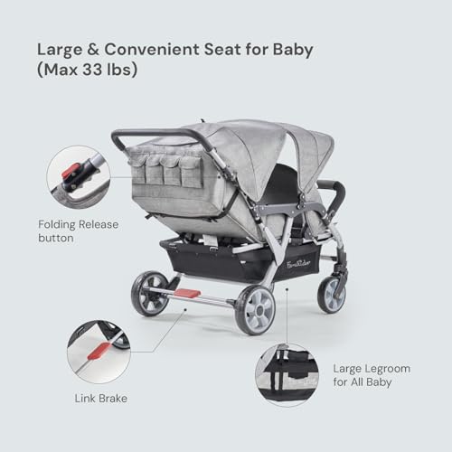 Image of Familidoo H4E Quad Stroller Wagon for Kids, 4-Seater Daycare Baby Stroller with 5-Point Safety Harness, Lightweight & Foldable with All Reclining Seats, Double Canopy & Rain Cover (Gray)