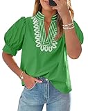Cicy Bell Womens Puff Short Sleeve Blouses Summer Casual Dressy Embroidered V Neck Tops Loose Fit Tee Shirts Green