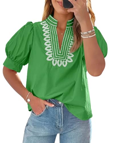 Cicy Bell Womens Puff Short Sleeve Blouses Summer Casual Dressy Embroidered V Neck Tops Loose Fit Tee Shirts Green