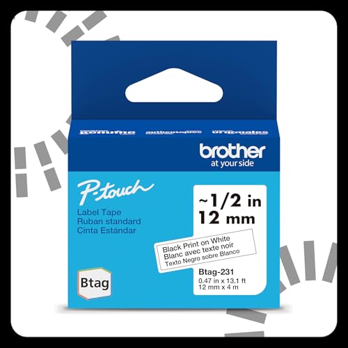 Brother Genuine P-Touch Btag BTAG231 Black on White Label Tape ~1/2in by 13.1ft (12mm x 4m). (Works Only with Brother PT-N10, PT-N20, PT-N25BT Label Makers)