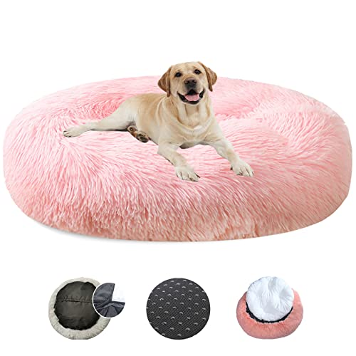 LRHRHR Panier pour Chien Dehoussable, Coussin Chien Anti Stress Lit Moelleux Apaisant Chat Lavable, Coussin Donut pour Chats et Chiens- Light Pink||Ø70cm/28in