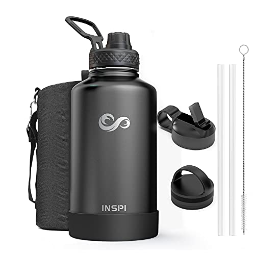Insulated Water Bottle with Straw Spout Handle Lid, INSPI 64oz Stainless Steel Water Flask Jug, Half Gallon Wide Mouth Thermo Canteen Mug, Keep Liquids Cold For 48 Hrs or Hot For 24 Hrs, Black