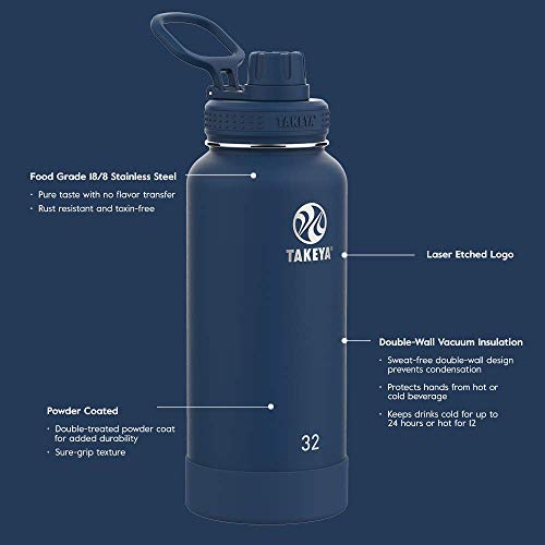 Takeya Actives Insulated Stainless Steel Water Bottle With Spout Lid, 32 Ounce, Midnight Blue #TOP2