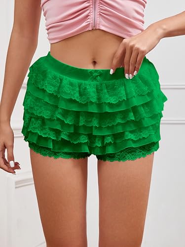 Image of Women Y2K Lace Multi-Layered Bloomers Lolita Ruffle Shorts Cute Mini Skirt | Tiered layers, elastic waist, pumpkin pants, for rave party /country concert /festival