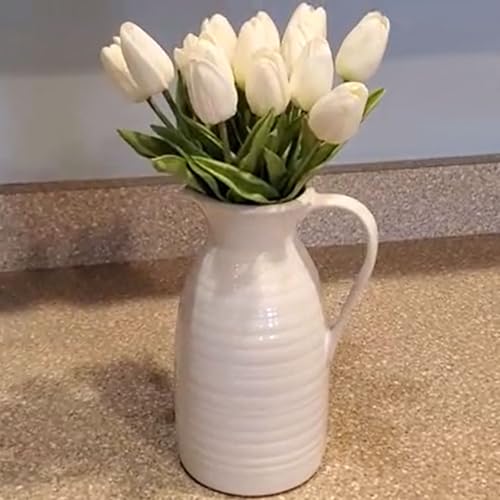 Hjn Farmhouse Pitcher Vase For Flowers- Ceramic Pitcher Vase White Flower Vase For Your Kitchen/Home Decor/Office/Living Room/Bookshelf/Mantel/-White thumb #3