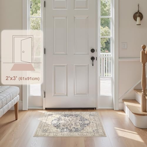 Tortania Area Rug 2x3 Doormat - Washable Vintage Oriental Farmhouse Soft Thin Indoor Carpet for Living Room Bedroom Hallway Entryway Kitchen - Cream/Blue