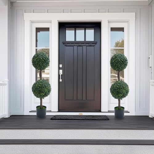 Artificial Topiary Ball Trees 35 Inch, Fake Greenery Milan Grass Ball Tree for Front Porch, Indoor Walkway, Entryway, Set of 2