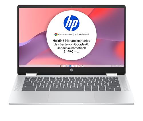 Prijenosno računalo HP Chromebook x360, 14' zaslon osjetljiv na dodir, Intel procesor N100, 4 GB DDR4 RAM, 128 GB eUFS, Intel UHD grafika, operativni sustav ChromeOS, QWERTZ, Gemini, srebrna