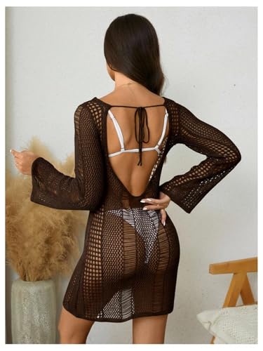 Image of Floerns Women's Crochet Cover Up Long Sleeve Hollow Out Bikini Swimsuit Beach Cover Up Swimwear