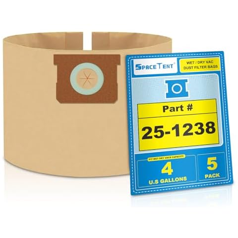 SpaceTent 5 Pack Shop Vac Bags compatible with Stanley and Porter Cable 4 Gallon Wet Dry Vacuum, Part # 25-1238 Vacuum Filter Bags Cover