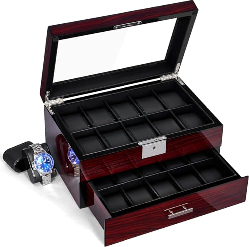 ANWBROAD 20 Compartimentos Caja para Relojes Relojero Organizador Hombre Con Cerradura Lujoso Caja De Relojes Con Tapa Grande De Cristal Vitrina 2 Niveles Para Regalo dia del Padre JWB002Y