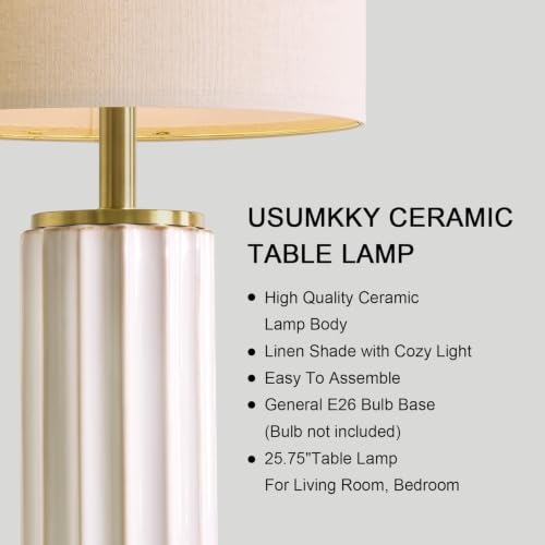 Image of USumkky 25.75 inch Off-White Ceramic Table Lamp Set of 2, Mid Century Modern Bedside Nightstand Lamps for Bedroom Living Room, Linen Shade & Gold Metal Base, Rotary Switch E26 (Bulbs Excluded)