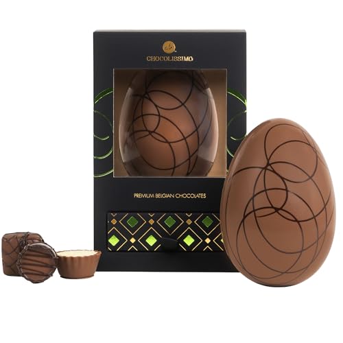 CHOCOLISSIMO - Huevo de Pascua Grande de Chocolate Con Leche Con 4 Bombones de Lujo Sin Alcohol - Regalo de Pascua Noble en Caja de Regalo Oscura, Regalo de Dulces de Pascua