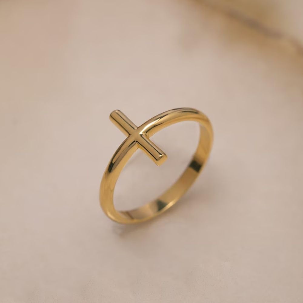 SilverDia Solid Gold Signet Cross Ring Delicate Wedding Minimalist Religious Engagement Ring 925 Sterling Silver Cross Ring For Women 14K Yellow Gold Plated Solitaire Ring Handmade Christmas Ring Gift
