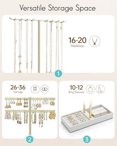 VLANDO 2 Tier Jewelry Stand Organizer with Tary, Leather Jewelry Holder Display for Women, Gold Jewlery Holder Stand for Necklace, Earring, Bracelet, Rings - White - image 2