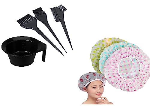 Image of Shower Cap for Women Reusable Waterproof Hair Dye Color Mixing Bowl, Brush Set Hair Colouring Kit for Salon Use for Men & Women Bathing Hair Cap with Lace Elastic Band Beauty Hair Spa(7pcs)