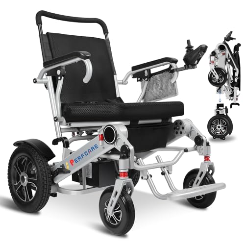 28 Miles Long Travel Electric Wheelchairs for Adults Seniors, PERFCARE 2-in-1 Detachable Foldable Lightweight Electric Wheelchair with Adjustable Backrest for All Terrain Airline Approved (Silver)