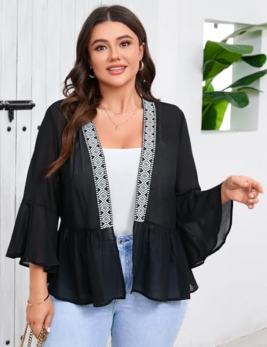 Image of Women's Plus Size Lightweight Chiffon Cardigan Open Front Cover Up Long Sleeve Ruffles Summer Top Casual Beachwear