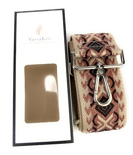 Image of Ivory Brown Boho Diamond Purse Strap with Silver Hardware 2 Inch Wide Replacement Crossbody Guitar Style Shoulder Strap for Handbags Totes