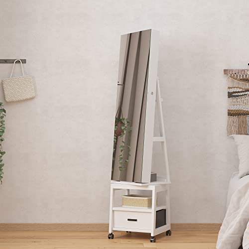 360° Swivel Jewelry Cabinet,66'' Freestanding Jewelry Armoire With Bottom Drawer and Wheels, Mirror Cabinet With Storage Swivel Jewelry Armoire Standing With Full-Length Mirror ?White