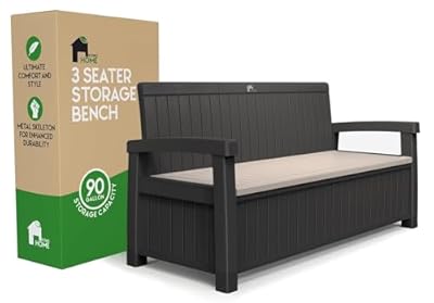 EconoHome 3 Seat Outdoor Storage Bench - 90 Gallon Capacity - Weatherproof Resin Bench for Patio, Porch, Garden, Yard, Pool Area - Furniture for Pool Accessories, Gardening Tools, Toys