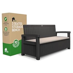 EconoHome 3 Seat Outdoor Storage Bench 90 Gallon Capacity Weatherproof Resin Bench for Patio Porch Garden Yard Pool Area Furniture for Pool Accessories Gardening Tools Toys