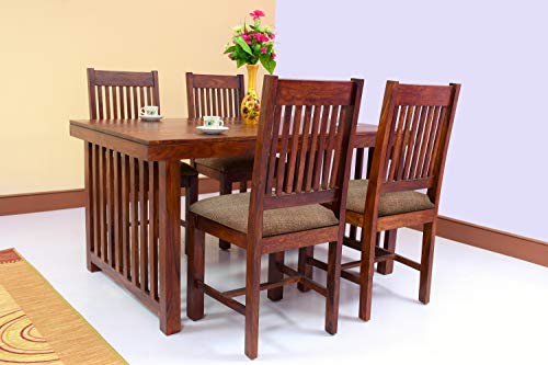 Image of 6 Seater Solid Wood Dining Table Set with 6 Cushioned Chairs | Teak Finish Dining Set for Home & Kitchen | Modern Wooden Dining Furniture