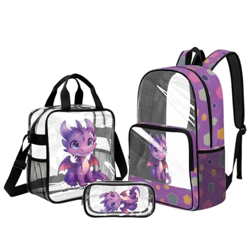 DISNIMO Purple Dragon Clear Backpack for Girls 8-12, 17 Inch Transparent Backpack with Lunch Box Pencil Case Heavy Duty PVC Bookbag for Middle School 6th-8th Graders Stadium Travel