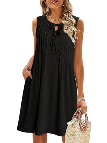 Image of Glamaker Womens Summer Dresses - 2025 Sleeveless Cute Bow Tie Mini Dress Front Pleated Beach Casual Sundresses with Pockets