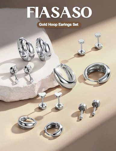 FIASASO Chunky 14K Gold Plated Hoops Earrings for Women Hypoallergenic - 7 Pairs Surgical Stainless Steel Flat Back Stud Hoop Earring Stack Small Cartilage Earrings Sets for Multiple Piercing4
