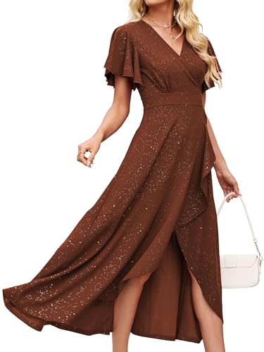 Image of Long Black Formal Dresses for Women Gowns Evening Party Cocktail Dress,Split Elegant V Neck Wrap Ruffle Wedding Guest Dresses