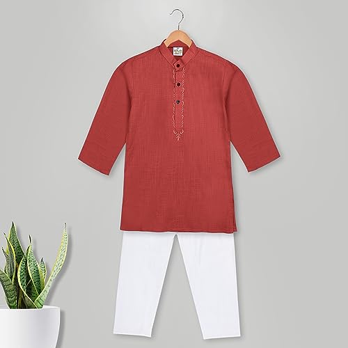 Image of Baby Boys Ethnic Wear Cotton Kurta Pyjama Set with Embroidery