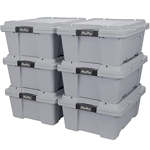 Hefty MAX Pro 12 Gal Storage Totes with Latching Lids, 6 Pack Durable Plastic Stackable Utility Bins with Locking Handles, Gray Medium Storage Containers for Garage, Closet, Outdoor Gear