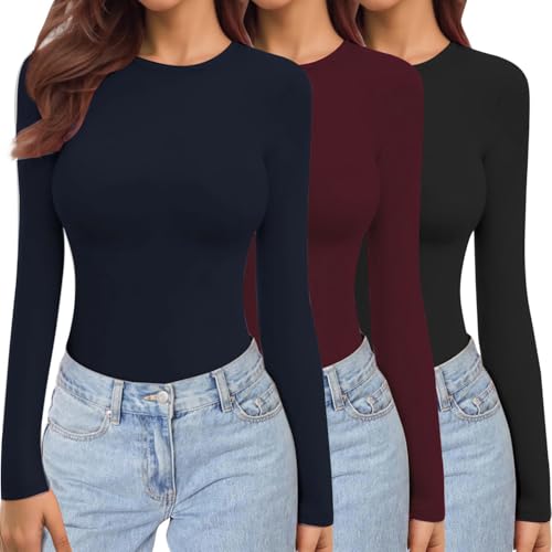 La Mejor Lista de Camisetas y camisas deportivas para Mujer del mes. 45 BIMOZY 3 Pack Camisetas Manga Larga para Mujer,Cuello Redondo,Tops Elásticas,Ajustadas,Básicas y Modernas,Camisetas Térmicas Ligeras