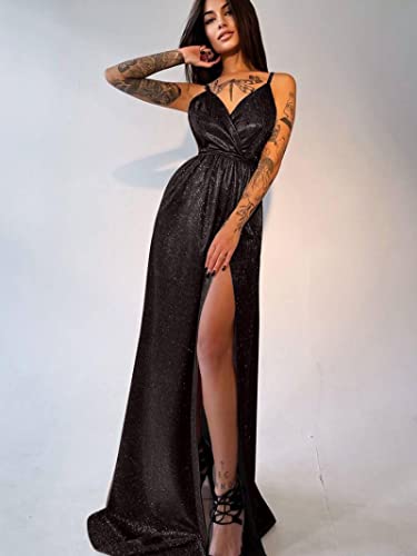 Damen Partymode Pailletten Kleid - Voll Glitzer Bandage Plissierte Hohe Gespaltene Rüschen Kleid, Tiefer V-Ausschnitt Ärmellose Damen Bodycon Abendkleid, Für Club Party Bankett Gast Date, Schwarz,Geb Cover