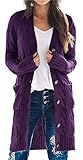 PRETTYGARDEN Long Sleeve Cable Knit Long Cardigan for Women 2025 Fall Winter Chunky Open Front Button Sweaters with Pockets (Deep Purple, Large)