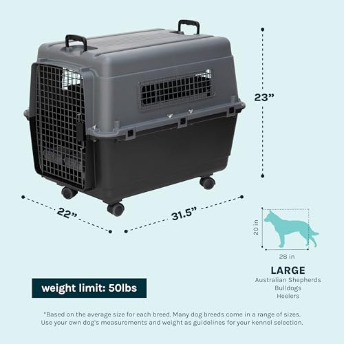 Image of SportPet Airline Compliant LARGE 31.5 inch Travel Dog Kennel- Durable Plastic Airline Pet Carrier w / Removable Wheels & Food Bowls, Collapsible Indoor /Outdoor Dog Kennel, Dogs up to 28 inchL & 20 inchH-Dark Gray