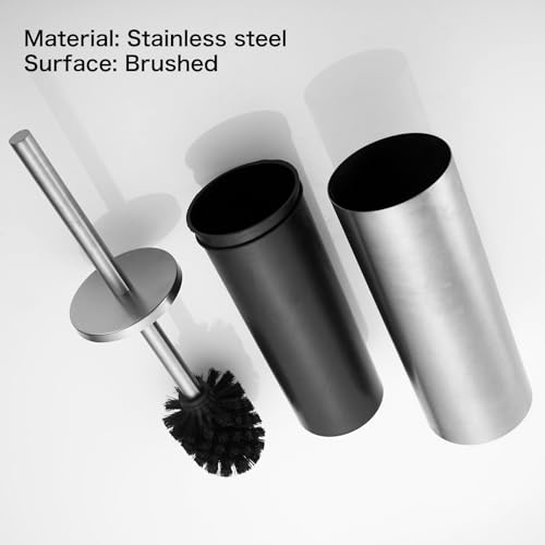 Image of Brushed Toilet Brush Stainless Steel Upright Toilet Cleaning Brush | Round brush head, removable inner bucket, splash-proof metal lid, dense bristles, with a long handle