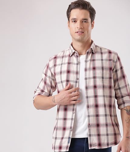 Image of TURMS Men's Casual Checks Shirts, Odor Control, Moisture Wicking, Button Down Collar, Cool Tech Cotton Fabric, Tailored Fit, Full Sleeve