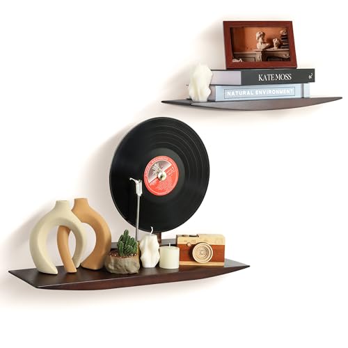 KYIAANY Floating Shelves for Home Decor: Real Wood Heavy Duty Walnut Mid Century Modern 23.6 Inch Wall Shelf Set of 2 for Living Room Bathroom Bedroom Kitchen for Aesthetic Homeowner