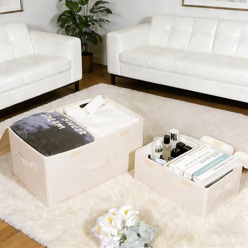 Image of 2 Pack Large Storage Boxes with Lids and Handles, Collapsible Linen Storage Bins Organizer Containers Baskets Cube with Removable Divider for Home Bedroom Closet Office (Cream, Small)