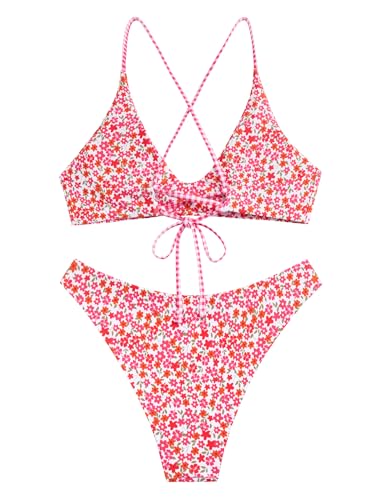 Image of ZAFUL Women's Tie Back Padded High Cut Bralette Bikini Set Two Piece Swimsuit